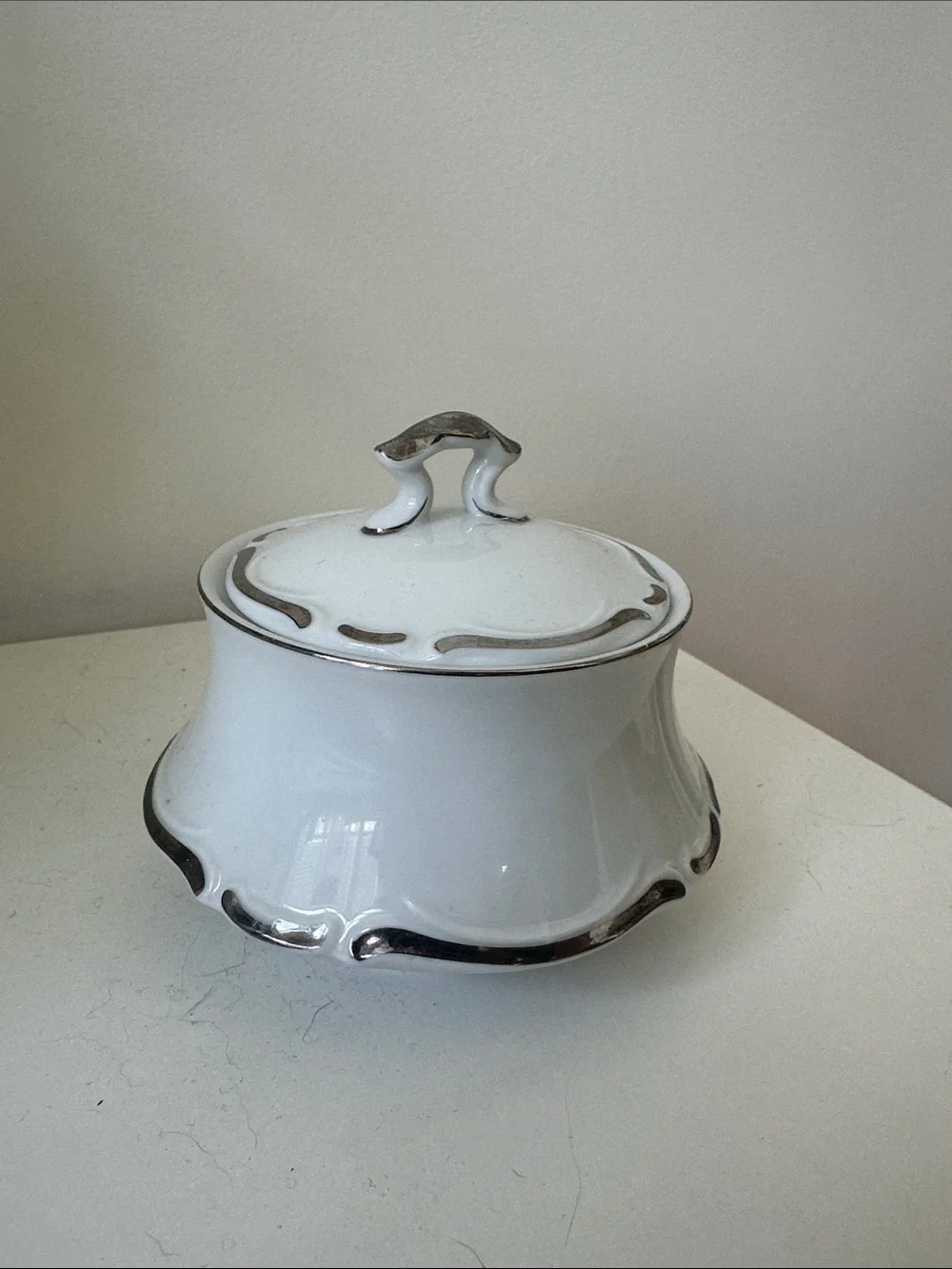 White Ceramic Lidded Sugar Bowl with Silver Accent